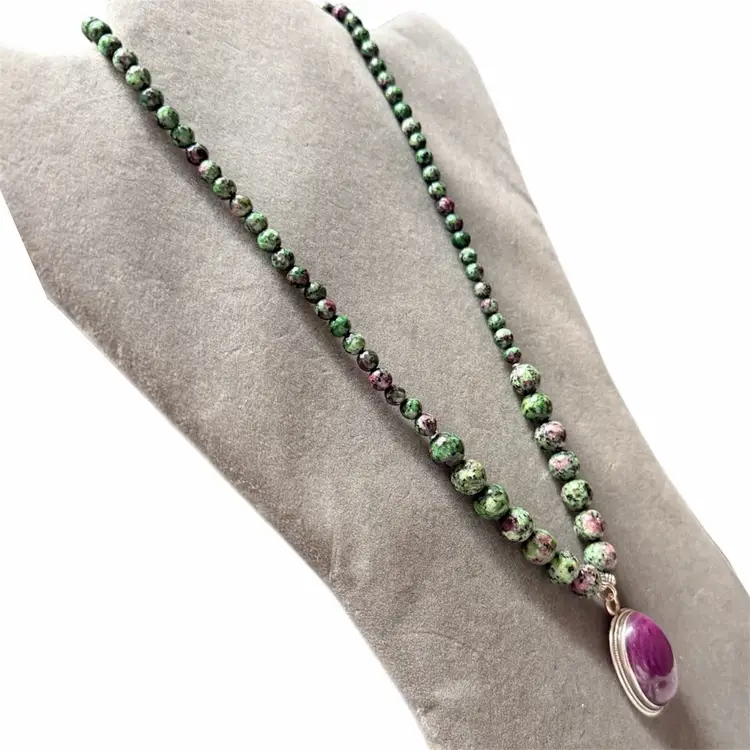Handcrafted Ruby Zoisite & Sterling Bead Necklace 21” Artisan