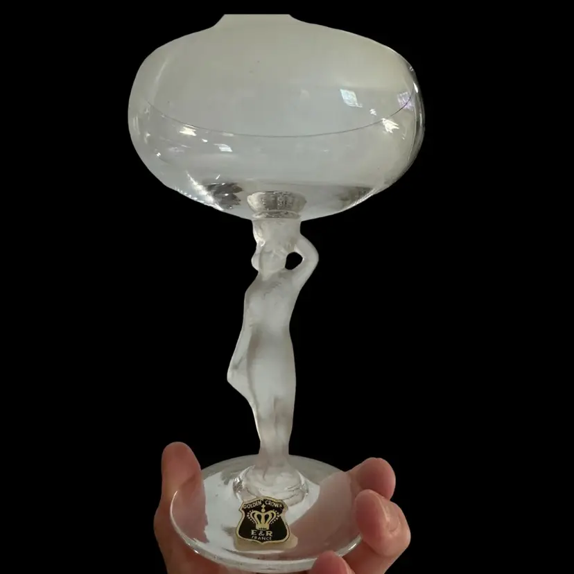 BARWARE Champagne Glass Crystal Frosted Bacchus Female 5.72" Model As Stem Sticker Is Still On