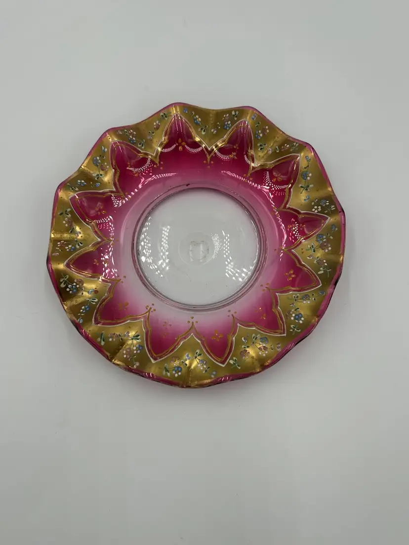 Cranberry Glass With Raised Gold Embossed Painted Ruffled Rim Dish