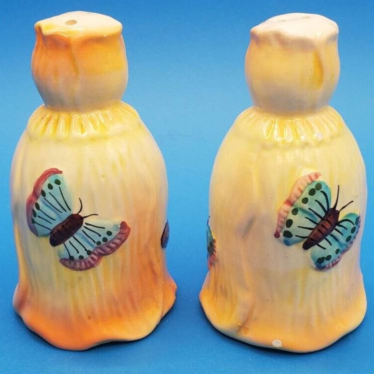 Vintage Ceramic Embossed Butterfly Salt and Pepper Shakers Set Yellow 3" Tall