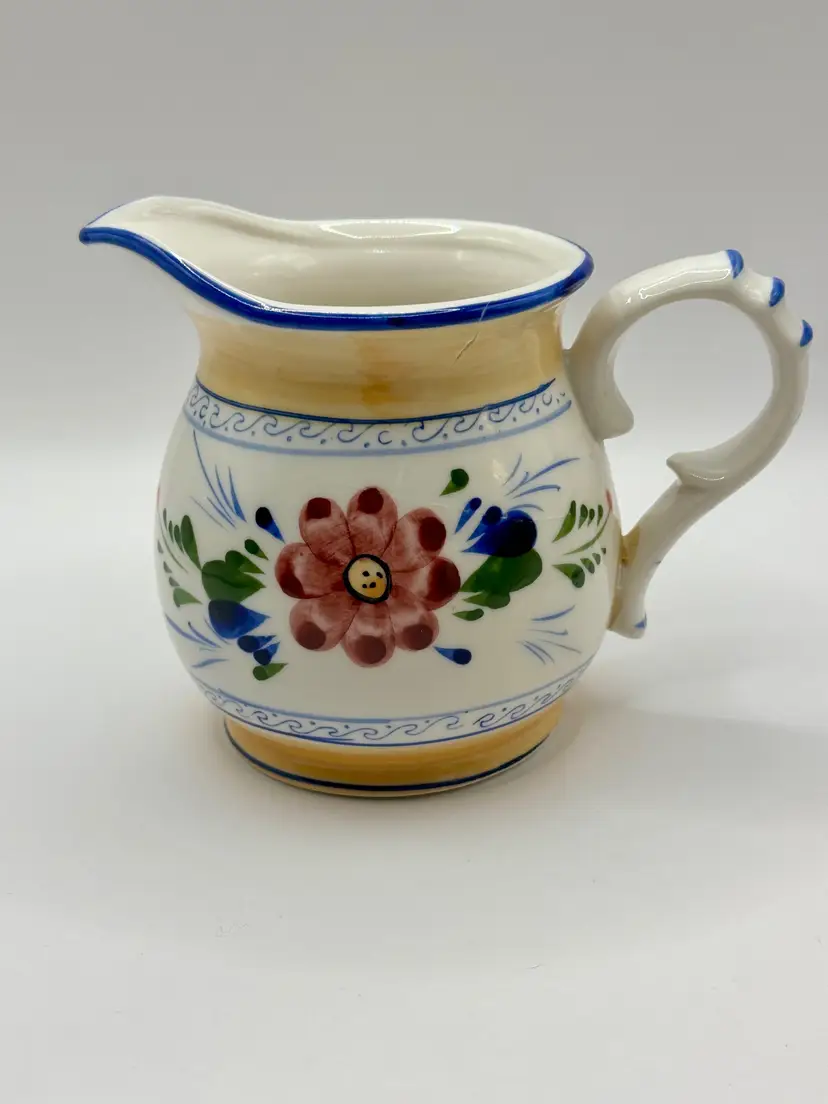 Vintage Italian Charming Hand-Painted Floral Ceramic Pitcher, Vintage Kitchen Decor, By Deruta, Made In Italy