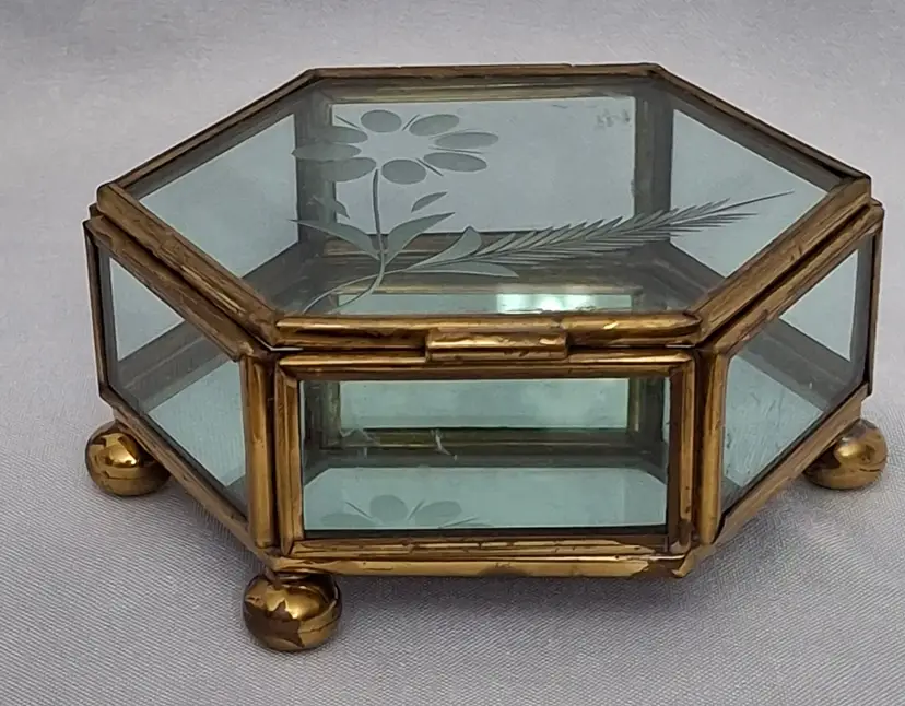 Vintage Etched Flower Glass Jewelry Trinket Box