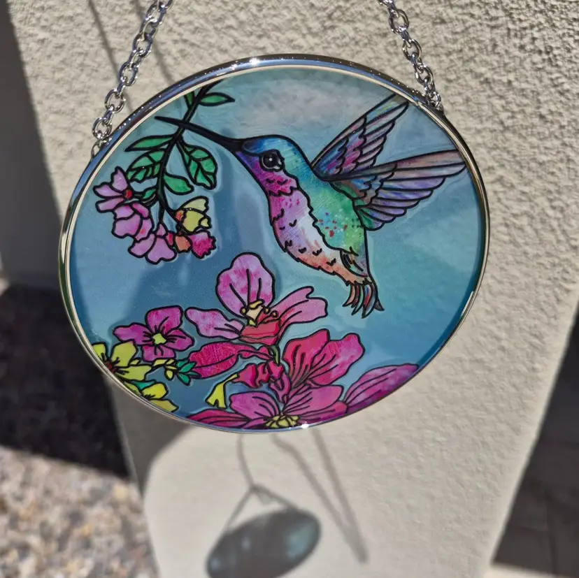 Handcrafted Bridgeton Hall Hummingbird Suncatcher Chain Vibrant Glass Window