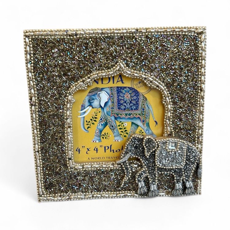 Handcrafted Seed Bead And Bejeweled Elephant 4x4 Picture Frame - Made In India