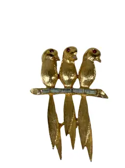 Vintage Three Birds on a Branch Gold Rhinestone Pin Brooch Baguette Signed PELL