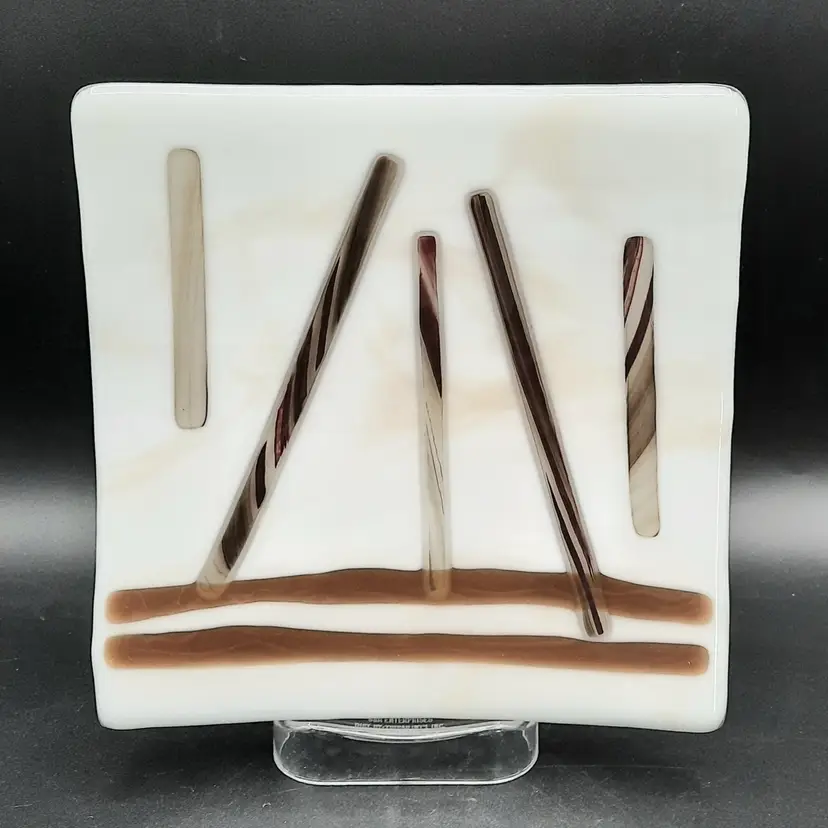 Fused Art Glass Dish Brown Beige Abstract Design