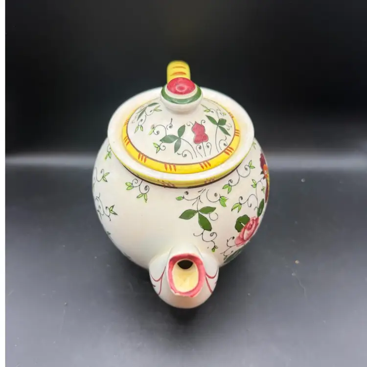Vintage Early Provincial Rooster and Roses Tea Pot with Pink Roses & Chicken Decor
