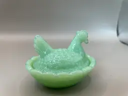 Jadeite Glass Chicken/Hen on Nest Salt Cellar Dish / Trinket Dish 3”