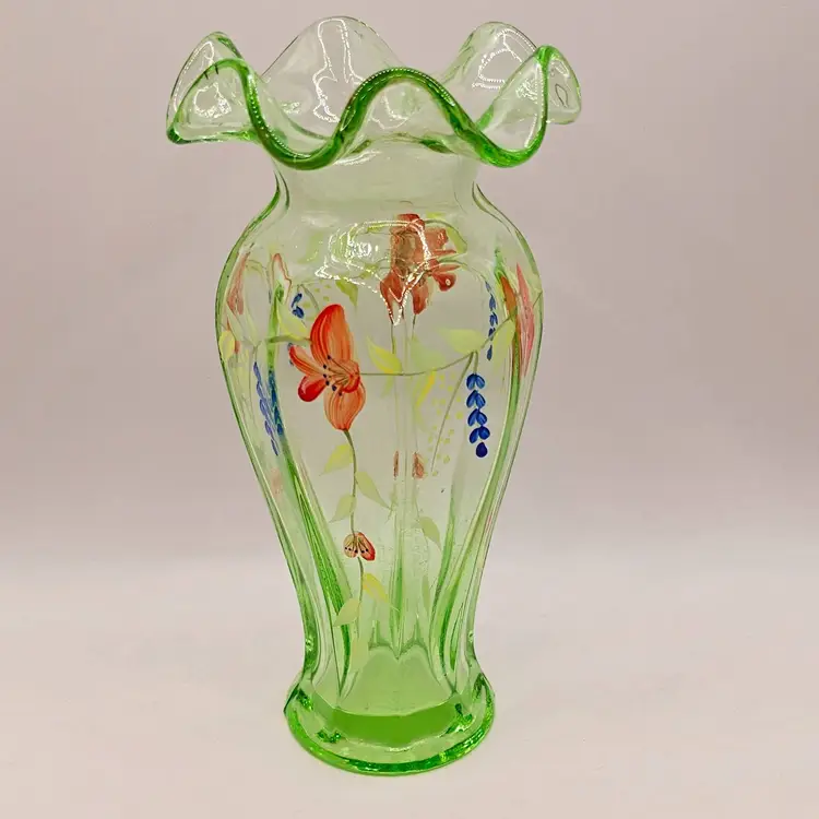 Dunbar Lime Green Octagon Ruffle Vase with Handpainted Flowers