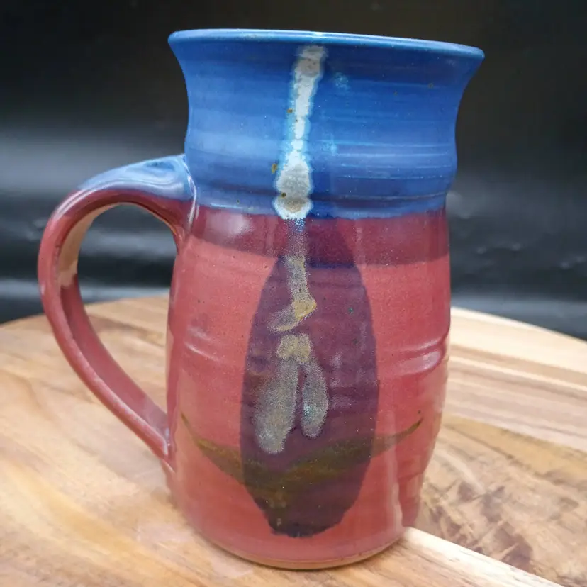 Studio Art Pottery Coffee Mug Red Blue with Abstract Feather Design Signed Tina Whitlock