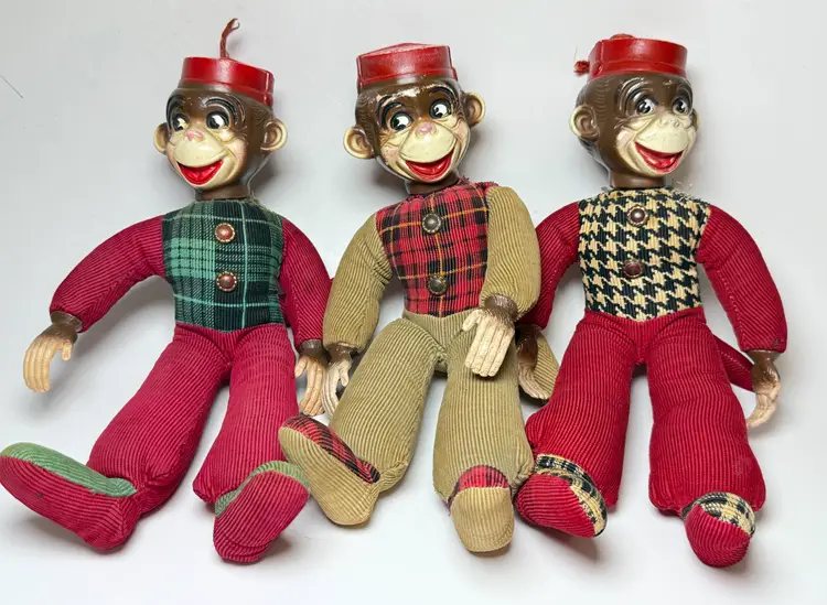 3 Vintage Bellhop Monkey Stuffed Carnival Dolls Plastic Heads Plaid Corduroy Red