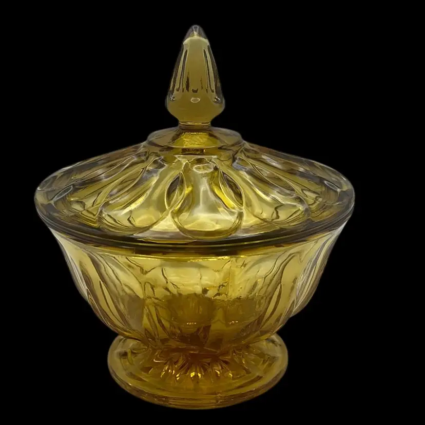 Vintage Indiana Glass Amber Yellow Candy Dish, 7.5” Tall, 6” Wide
