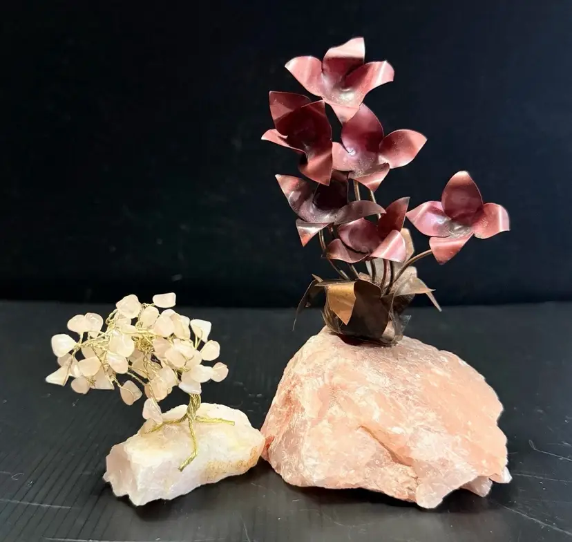 Metal Copper  Flowers On Pink Quartz Base W Pink Stone Tree On Pink Quartz Base