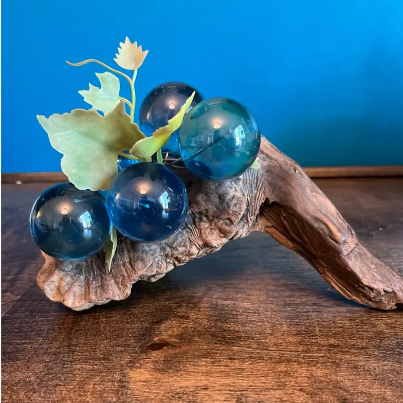 Vtg 60's Mod MCM Teal Blue Lucite Acrylic Grapes On Knotted Drift Wood