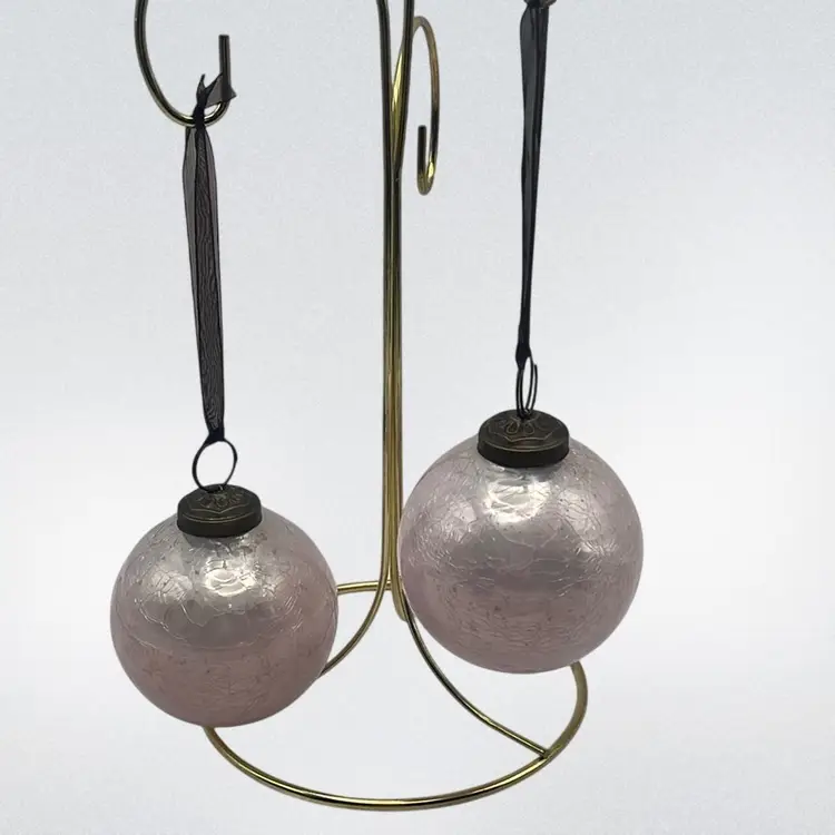 Set Of 2 Pink Glass Ornaments, 2-1/2” Diameter