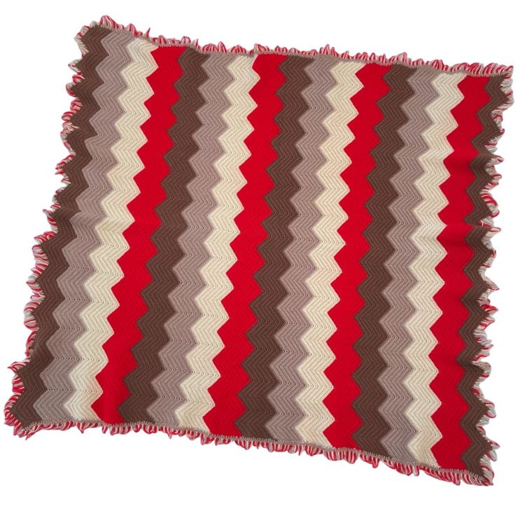 Vintage 1970s Handmade Crochet Lap Blanket Chevron w Fringe Red Brown Tan 44x43"
