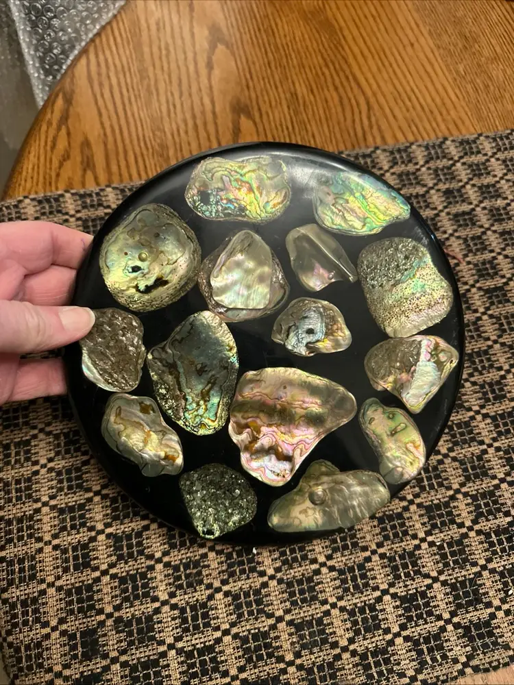 Vintage MCM Abalone Shell Lucite Trivet Round Hot Plate Footed Iridescent