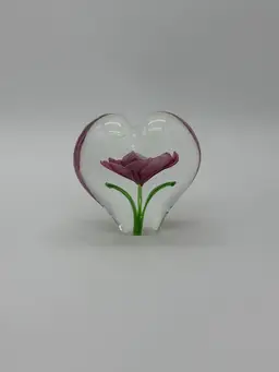 Celebrations Royal Pink Flower Heart Shape Crystal Glass Paperweight 4” X 4”