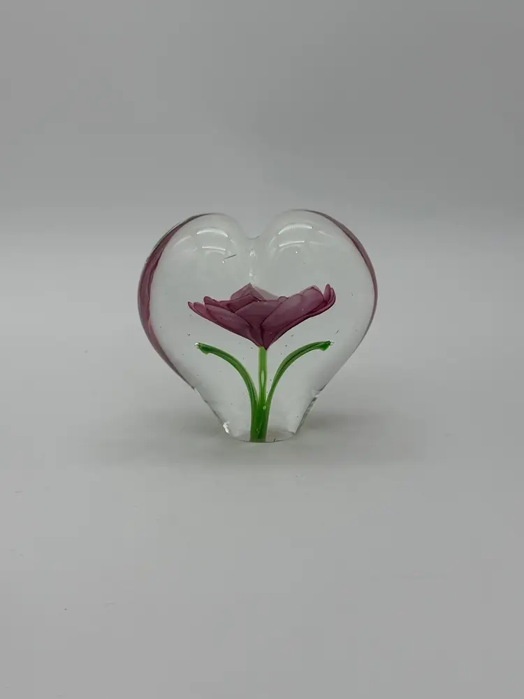 Celebrations Royal Pink Flower Heart Shape Crystal Glass Paperweight 4” X 4”