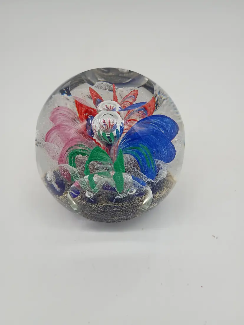 Antique Art Glass Hand Blown  Bohemian Multicolor Flower Pinwheel Faceted Paperweight 3IN