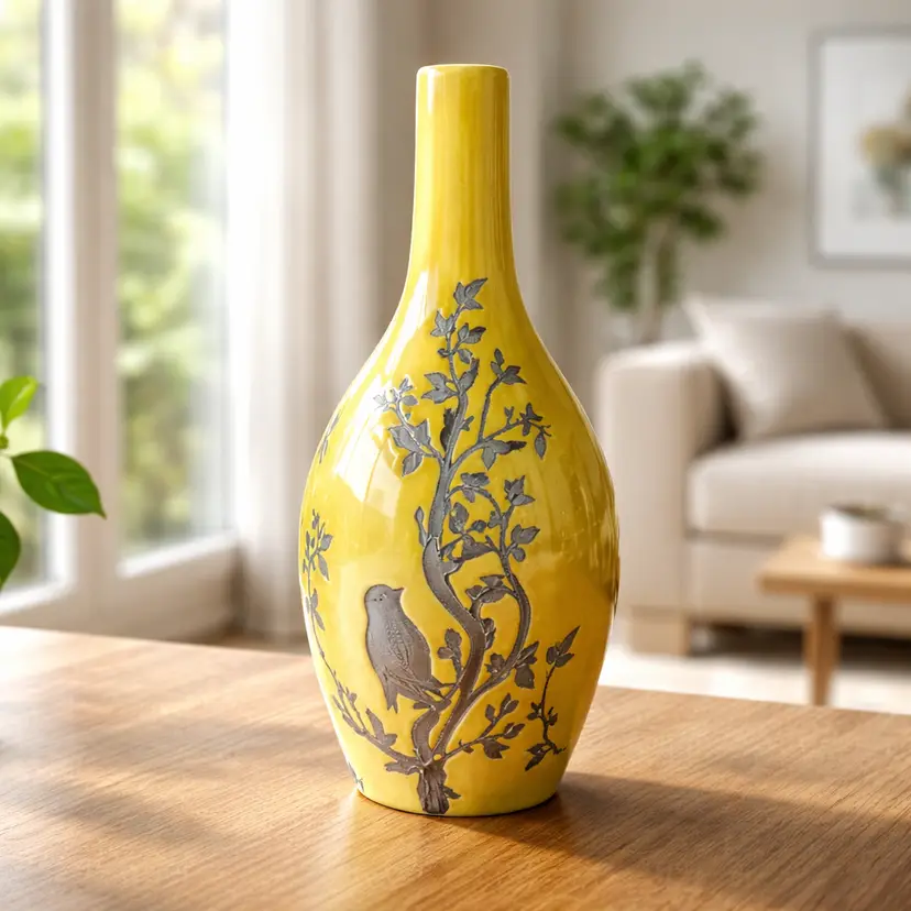 Ceramic Yellow/Green Bud Vase with Bird and Tree Design, 10" Tall