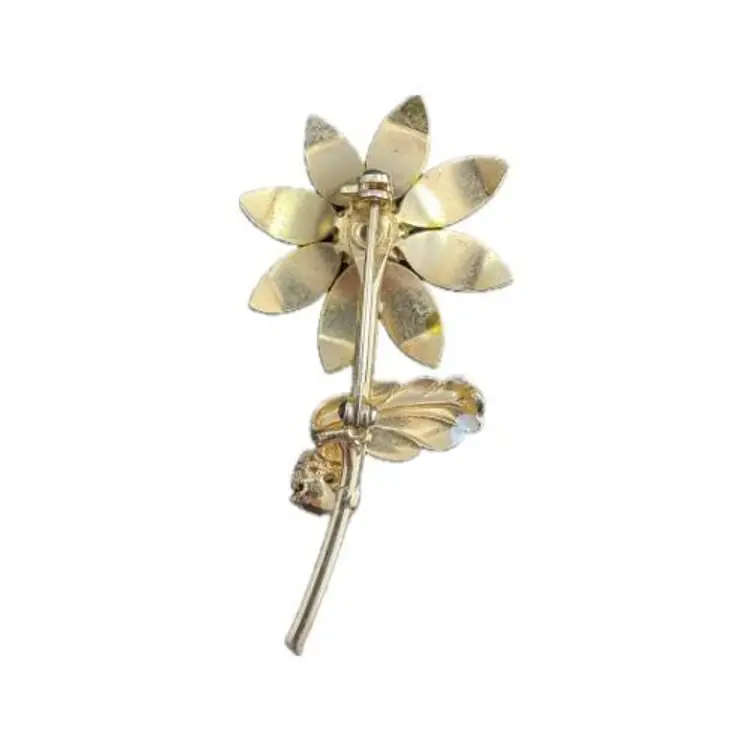 Gold Tone Yellow Enamel Flower and Ladybug Brooch