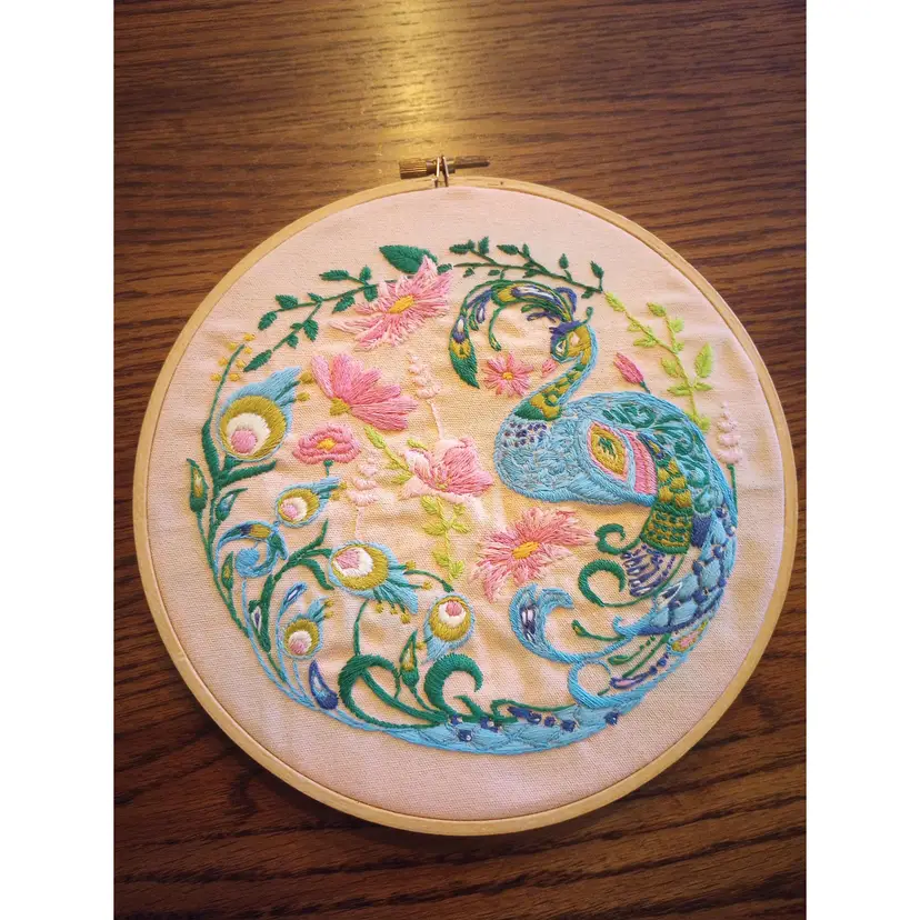 Finished Hand Embroidery - Peacock, Feathers, Florals