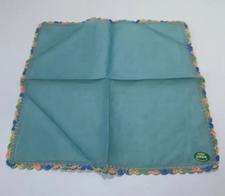 Vintage Multi Color Embroidered Edge Blue Handkerchief 11.50" x 11.50" Pure Linen