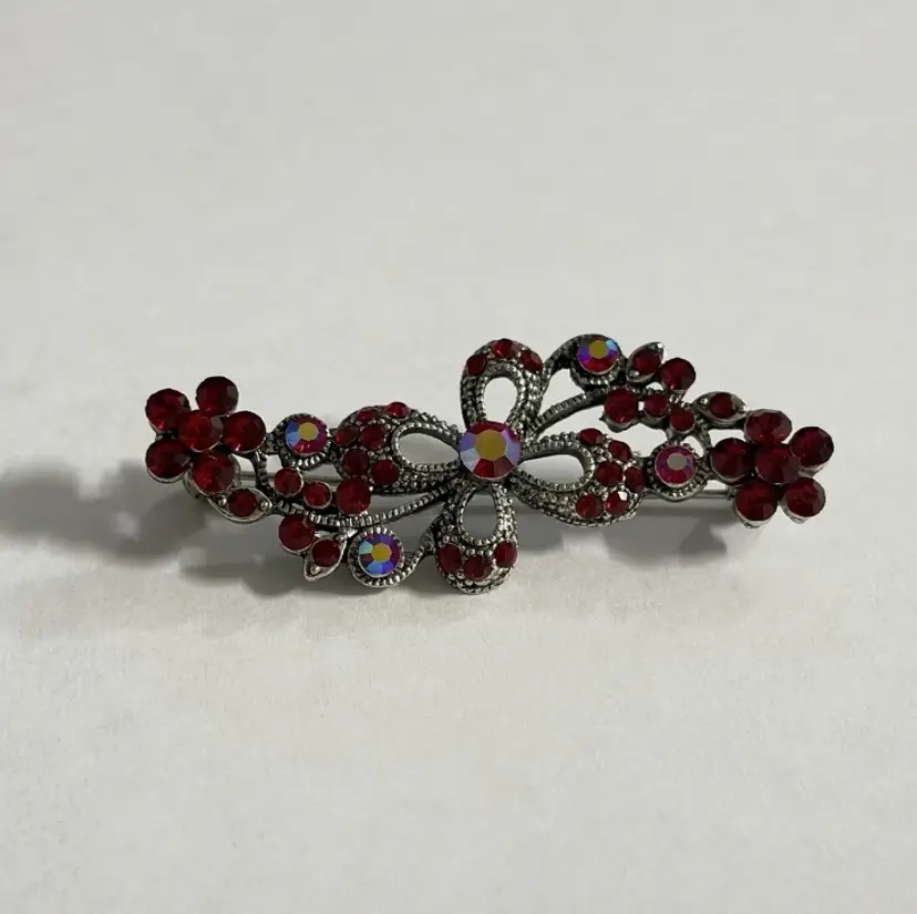 Vintage Rhinestone Floral Brooch Red AB Silver