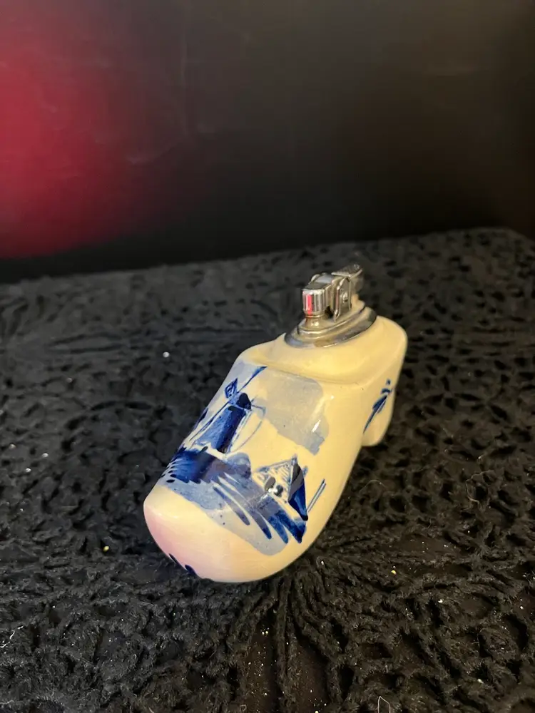Delfts Blue & Ivory w/ Painted Windmill and Cottage, Clog Shaped Table Lighter. Made in Holland