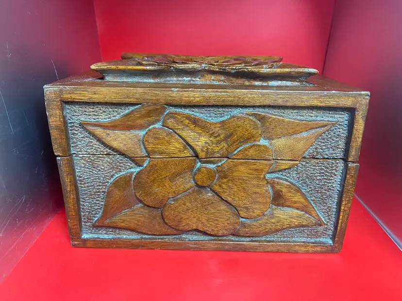 Vintage Wooden Jewelry Box w/ Carved Floral Designs