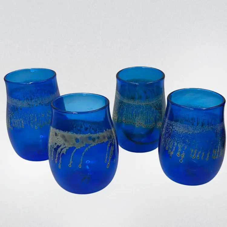 Vintage Hand Blown Set of Four Peacock Blue Glasses 1980 - 4.25” To 4.5” Tall 3.25” Wide