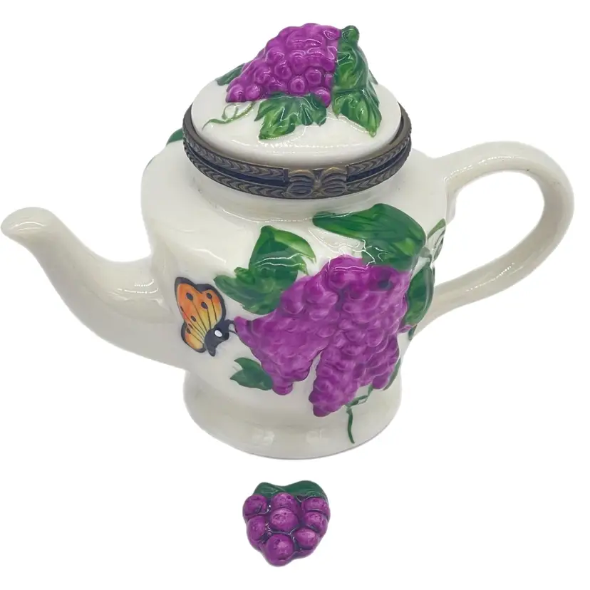 Vintage Trinket Box Hinged Teapot Shape Grapes Butterfly With Trinket