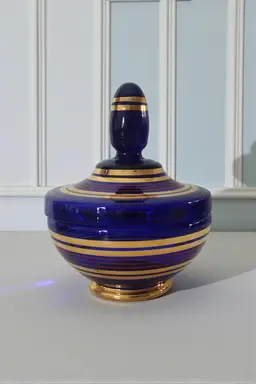 Czech Bohemian Glass MCM Cobalt Lidded Candy Dish Vintage Gold Trim