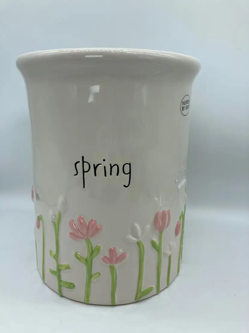 New! Rae Dunn SPRING Floral Hand Painted Crock Utensil Holder Artisan Collection