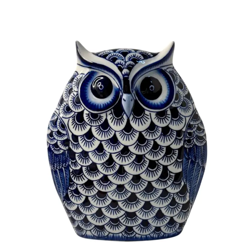 Ceramic Owl Figurine Blue and White Design 10.5” T x 8.5” L x 3” W
