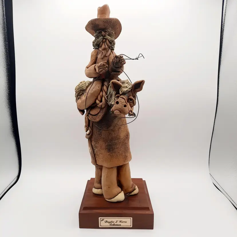 Vintage Clay Cowboy Horse Sculpture Artist Signed Dennis L. Harris Derpy Wierdo