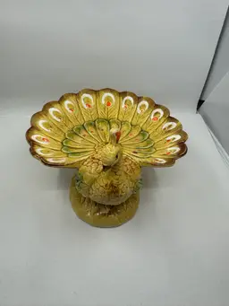 Vintage Enesco ceramic peacock dish with fanned tail