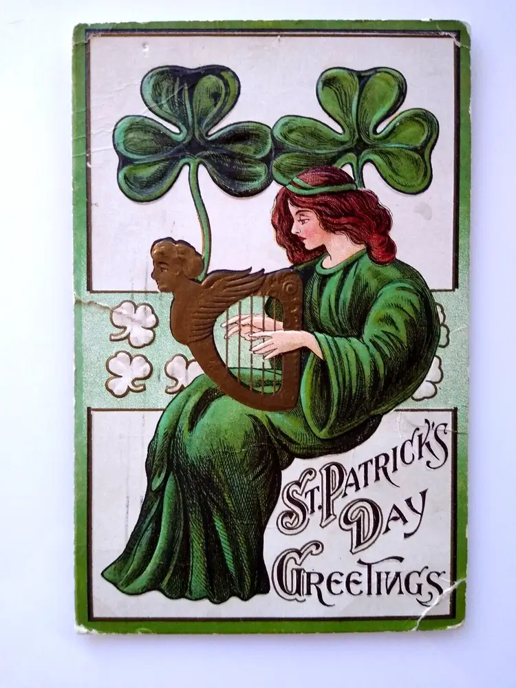 St Patrick's Day Postcard Women Playing Harp Clovers Lions Head Embossed Torn
