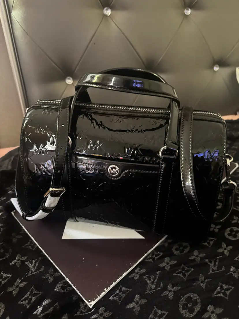 MICHAEL KORS Jet Set Medium Patent Logo Debossed Duffel Crossbody Bag