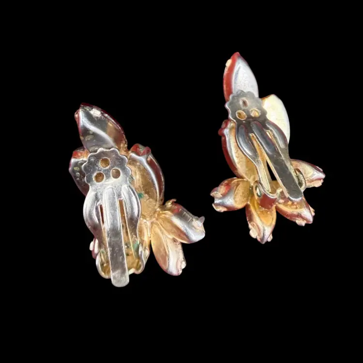 Vintage Rhinestone Carved Molded Glass Fruit Salad Earrings Red Aurora Borealis