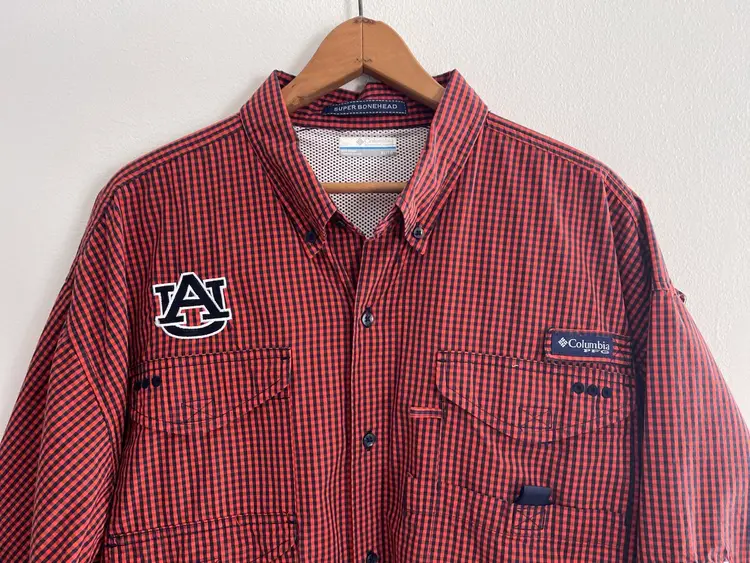 Auburn Columbia PFG Shirt Navy Orange Check XLT Omnishade Super Bonehead Fishing