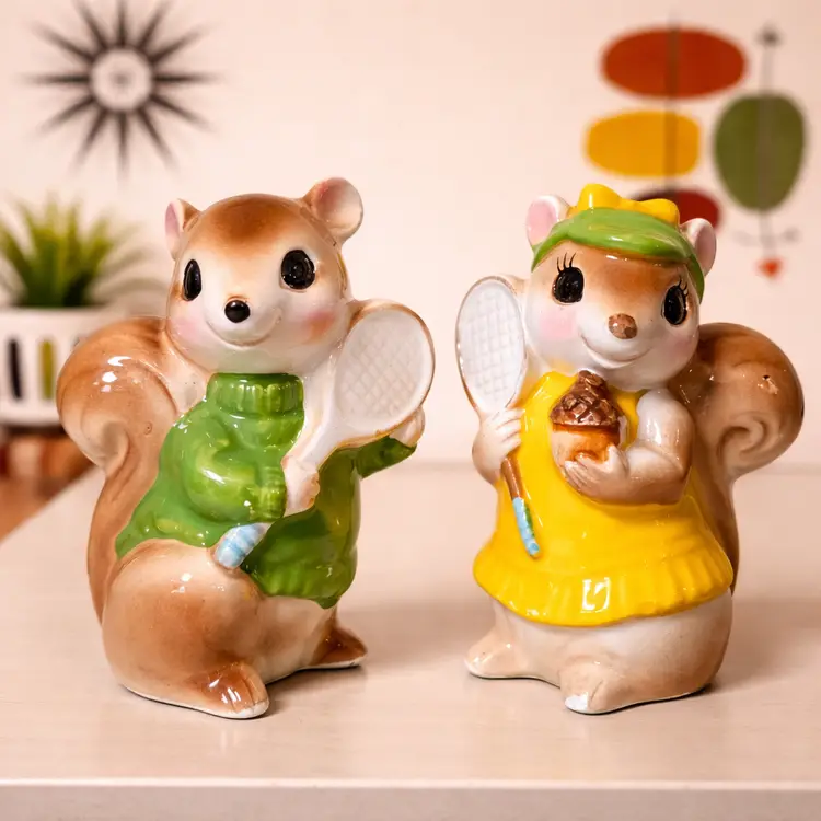 Vintage Tennis Squirrel Salt & Pepper Shakers Sammy Samantha Anthropomorphic Kitsch Japan