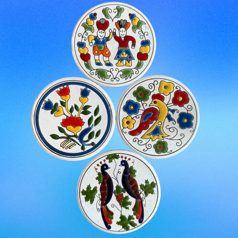 Greek Folk Art - White Terracotta Coasters - 4 Count