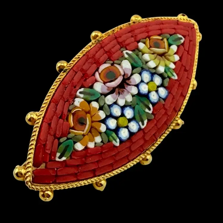 Cat Eye Red  Boarder Multicolor Flower Floral Garden Golden Balls Brooch Italy