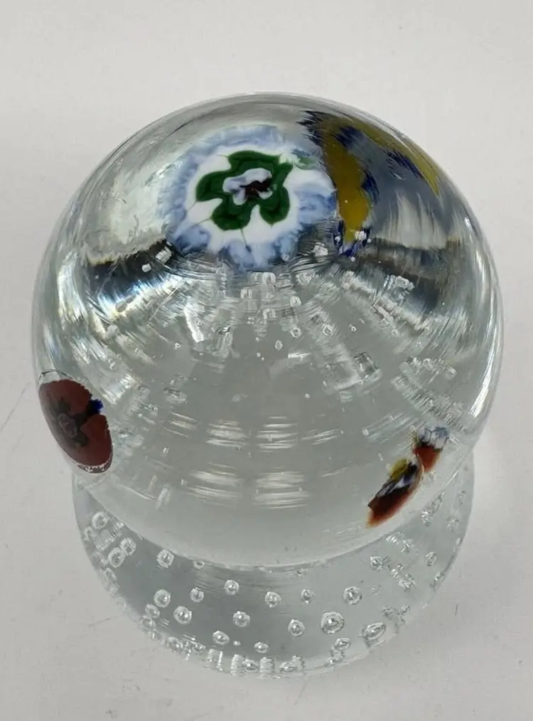 Murano Style Art Glass Millefiori Double Ball Paperweight Control Bubbles 4” H