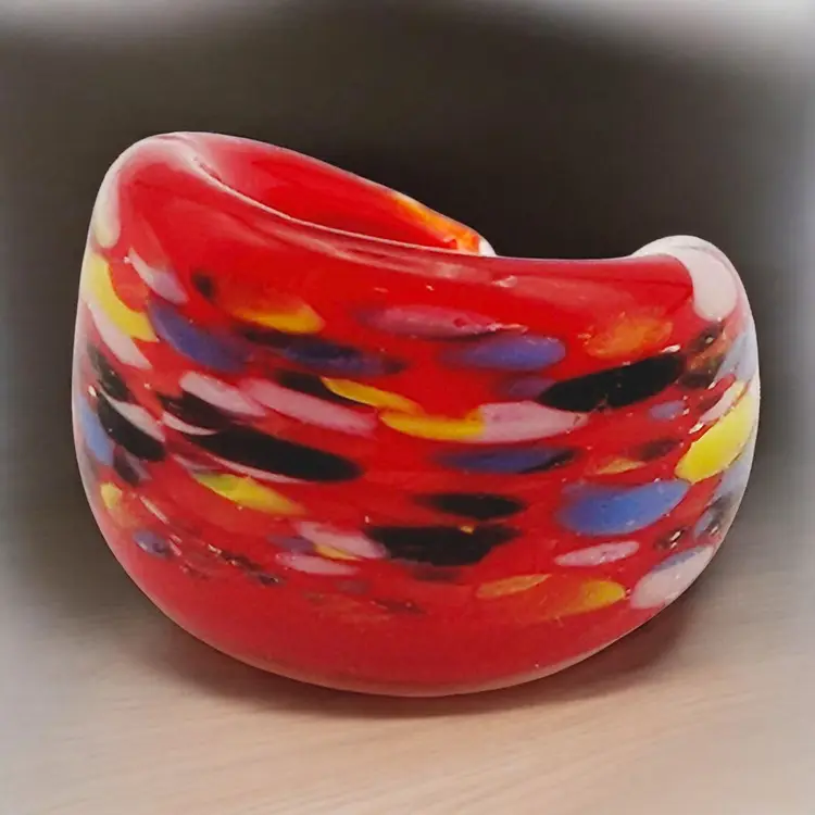 Boho Splatter Fire Red Chunky Dome Hand Blown Art Glass Bling Ring - Size 5