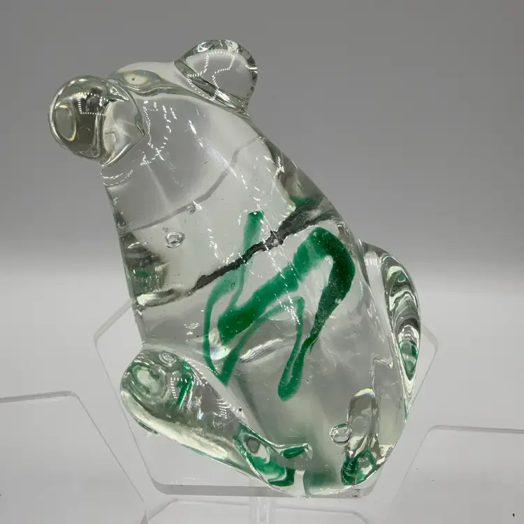 Clear Glass Big Eye Frog Green Swirly Belly
