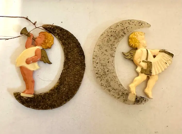 Vintage German Celluloid & Mica Angel Christmas Ornaments Crescent Moon Horn Accordian