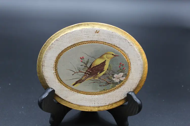 Pair of Italian Wood Wall Plaques, Florentine Style, 1 Goldfinch and 1 Waxwing By Basil Ede